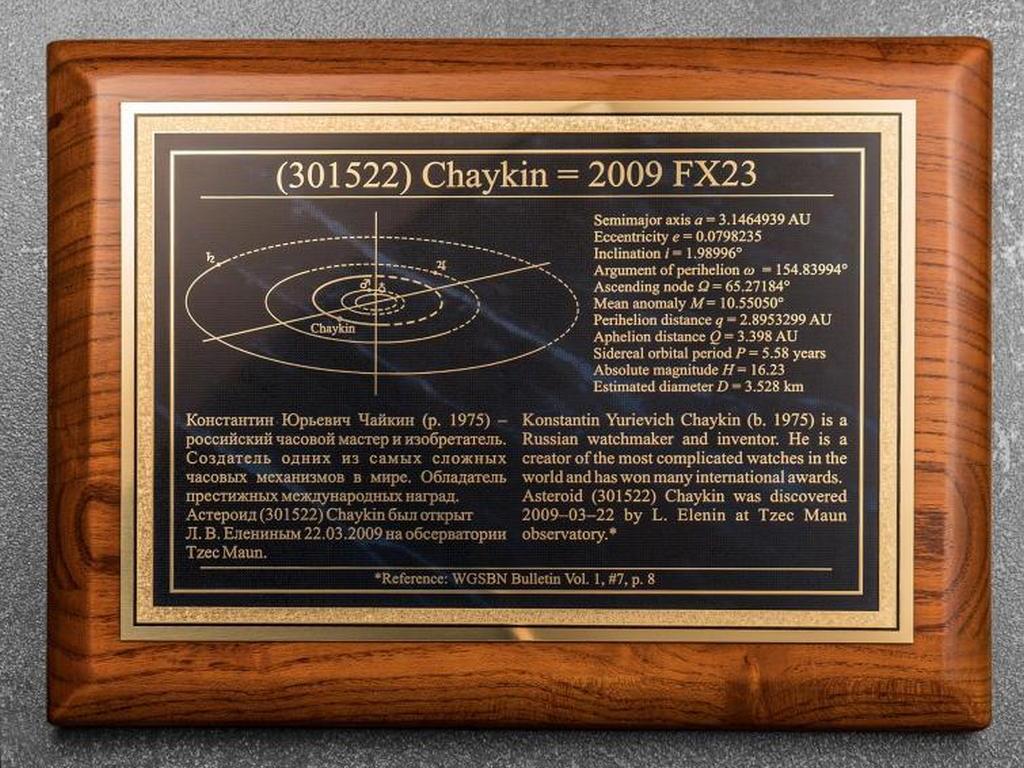 Сертификат о наименовании астероида именем Чайкина